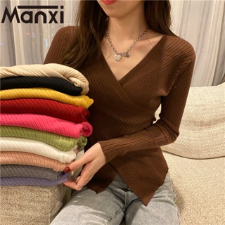 Manxi เสื้อแฟชั่นผู้หญิง เสื้อแขนยาว คลุม ไหมพรม ครอปเสื้อแขนยาว 36Z230908