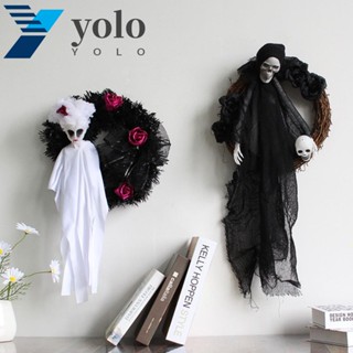 Yolo พวงหรีดผีปลอม ทรงกลม สีขาว สีดํา สําหรับแขวนตกแต่งบ้าน ปาร์ตี้ฮาโลวีน