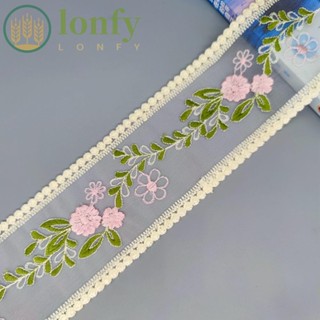 Lonfy ริบบิ้นลูกไม้ ปักลายดอกไม้ สีชมพู 3 นิ้ว 10 หลา สําหรับเย็บผ้า งานฝีมือ