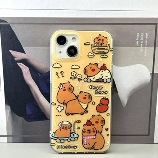 เคสโทรศัพท์มือถือ ซิลิโคนนิ่ม สองชั้น กันกระแทก ลายการ์ตูน Capybara น่ารัก สีเหลืองนม สําหรับ Iphone 14 13Promax 11 12 14Pro