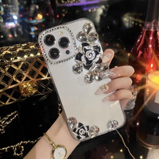 เคสโทรศัพท์มือถือแบบนิ่ม TPU ใส กันกระแทก ลายดอกคามิเลีย 3D แต่งกลิตเตอร์ พลอยเทียม ระยิบระยับ หรูหรา สําหรับ Samsung S23FE S23 S22 S21 S20 Plus Ultra S21 S20 FE Note20 Ultra