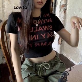 Lovito เสื้อยืด พิมพ์ลายตัวอักษร ลําลอง สําหรับผู้หญิง LNE24237 (สีดํา)