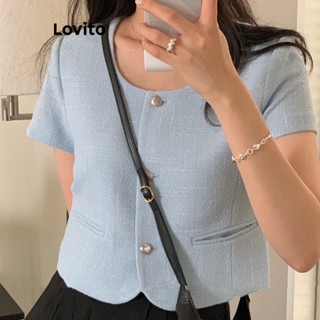 Lovito เสื้อเบลาส์ลําลอง ทรงกลม มีกระเป๋าปลอม สําหรับผู้หญิง LNE24184 (สีน้ําเงิน/ดํา)