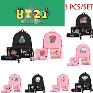 กระเป๋าเป้สะพายหลังลําลอง ขนาดใหญ่ จุของได้เยอะ ลายการ์ตูน Kpop BTS BT21 เหมาะกับการพกพาเดินทาง เล่นกีฬา จํานวน 3 ชิ้น