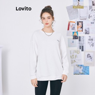 Lovito เสื้อสเวตเตอร์เบสิก ปักลาย สีพื้น สไตล์เพร็พพี่ สำหรับผู้หญิง L59ED070 (สีขาว)