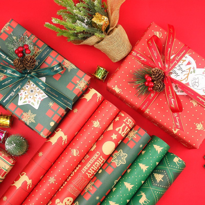 [Merry Christmas Products] กระดาษคราฟท์ห่อของขวัญคริสต์มาส สีเขียว 70x50 ซม. สําหรับตกแต่งงานแต่งงาน