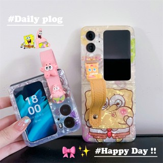 เคสโทรศัพท์มือถือแบบนิ่ม กันกระแทก ลายการ์ตูนสพันจ์บ็อบน่ารัก พร้อมสายคล้องข้อมือ ประดับโบว์ สําหรับ Oppo Find N2