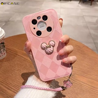 เคสโทรศัพท์มือถือหนัง ผิวด้าน ลายการ์ตูนมิกกี้ 3D ประดับโบว์ เพชร ตาราง เรียบง่าย สําหรับ Huawei Mate 50 40 30 Pro Mate50 Mate40