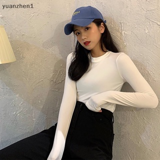 Yuan เสื้อยืดลําลอง แขนยาว คอกลม สีพื้น แฟชั่นฤดูใบไม้ร่วง สําหรับสตรี ZHN