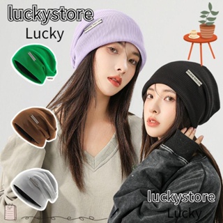 Lucky หมวกบีนนี่ ผ้าถัก กันลม ให้ความอบอุ่น สีพื้น แฟชั่นฤดูใบไม้ร่วง ฤดูหนาว สําหรับผู้หญิง และผู้ชาย