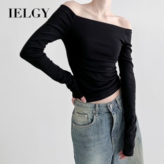 Ielgy เสื้อท็อป เปิดไหล่ข้างเดียว สีพื้น กระชับสัดส่วน สไตล์ยุโรป และอเมริกา แฟชั่นสําหรับผู้หญิง