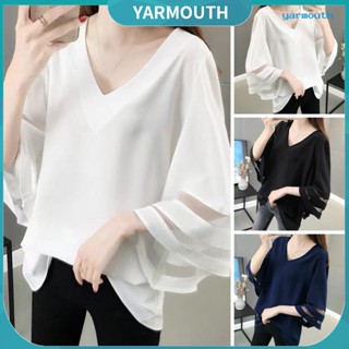 Yyr--เสื้อเชิ้ต คอวี ผ้าตาข่าย ทรงหลวม สีพื้น แฟชั่นฤดูร้อน สําหรับผู้หญิง