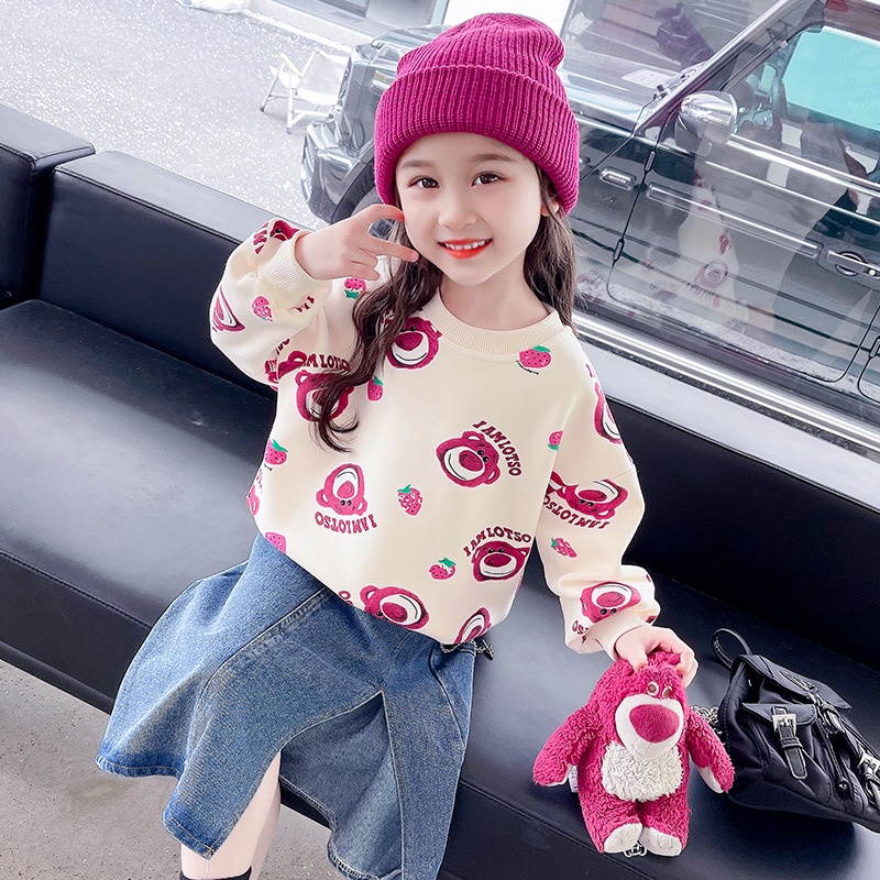 ท็อปส์ซูสาวเสื้อแฟชั่นฤดูใบไม้ผลิและฤดูใบไม้ร่วงสำหรับเด็กสไตล์เกาหลี เสื้อสเวตเตอร์หมีสตรอเบอร์รี่
