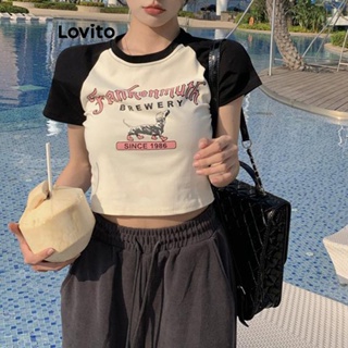 Lovito เสื้อยืดลําลอง พิมพ์ลายตัวอักษร บล็อกสี สําหรับผู้หญิง LNA21256 (แอปริคอท)