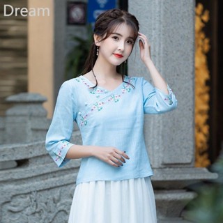 Retro slim embroidered cotton and linen top ethnic style V-neck short-sleeved T-shirt for women