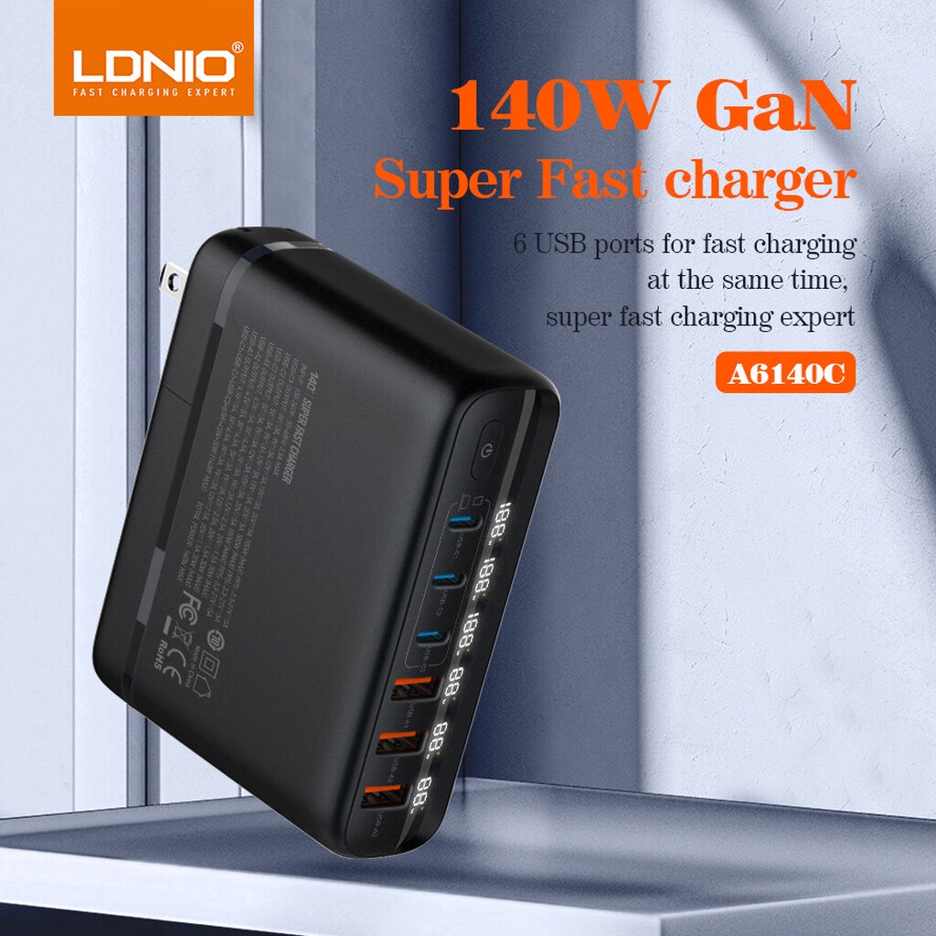 LDNIO อแดปเตอร์โน้ตบุ๊ก 140W USB-C & USB-A PD & GaNFast สามประเภท หัวชาร์จเร็ว 6 พอร์ต A6140C