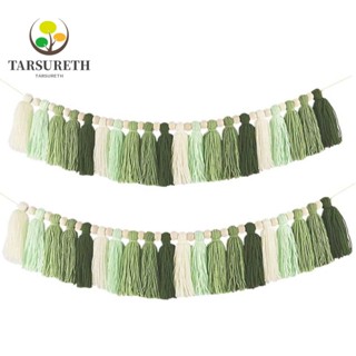 Tarsureth พวงมาลัยพู่ ผ้าฝ้าย ประดับลูกปัดไม้ สีเทา สีเขียว ใช้ง่าย 20 พู่ สําหรับห้องนอน 2 ชิ้น