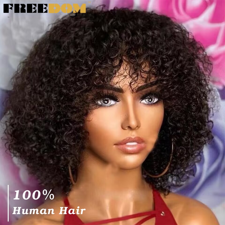 Freedom Jerry วิกผมสั้น หยิกหยักศก Pixie Bob Cut วิกผมหน้าม้า ไม่ใช่ลูกไม้ ไฮไลท์ สีบลอนด์ สําหรับผู้หญิง