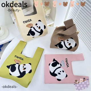 Okdeals กระเป๋าถือ ผ้าถัก ความจุสูง ลายแพนด้า สําหรับนักเรียน