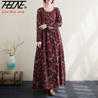 Robe Vestido Feminino ชุดเดรสยาว คอกลม แขนยาว ผ้าฝ้าย ผ้าลินิน พิมพ์ลายดอกไม้ ทรงหลวม สไตล์วินเทจ แฟชั่นฤดูใบไม้ร่วง ฤดูหนาว สําหรับสตรี