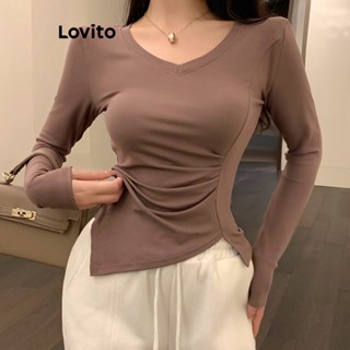 Lovito เสื้อยืดลําลอง แขนยาว คอวี สีพื้น สําหรับผู้หญิง LNA24208 (กาแฟ/ดํา)