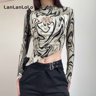 Lanlanlolo เสื้อลําลอง แขนยาว คอกลม พิมพ์ลาย สีตัดกัน แฟชั่นสําหรับสตรี 2023