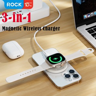 Rock 3 in 1 ที่ชาร์จไร้สาย 15W พร้อมแหวนขาตั้ง สําหรับหูฟัง iP 15 14 Pro Max