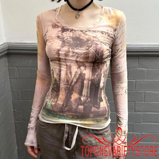 Topone- เสื้อยืดคอกลม แขนยาว พิมพ์ลาย สไตล์เรโทร สําหรับผู้หญิง