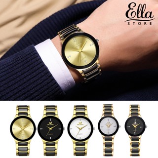 Ellastore123 นาฬิกาข้อมือควอตซ์แฟชั่น สายแสตนเลส หน้าปัดกลม ประดับพลอยเทียม สไตล์นักธุรกิจ สําหรับบุรุษ