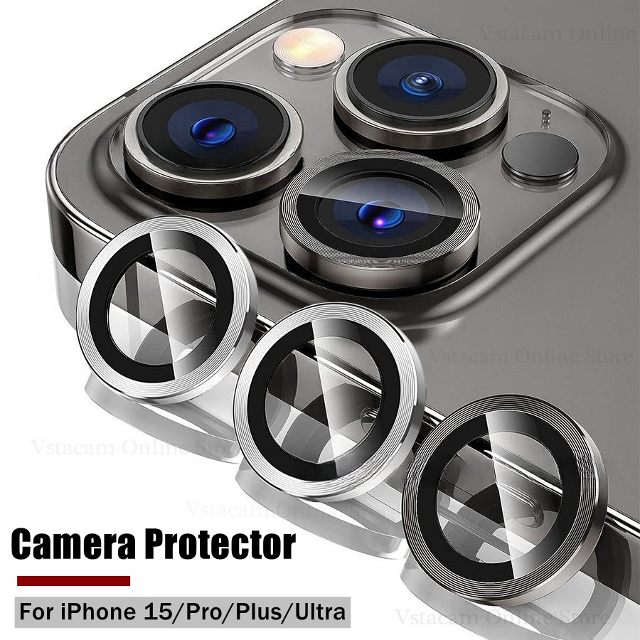 ตัวป้องกันกล้อง สําหรับ iPhone 15 Ultra Pro Max Plus 2023 ติดตั้งง่าย แหวนเลนส์โลหะ กระจกบน iPhone15Pro 15+ ฝาครอบป้องกัน