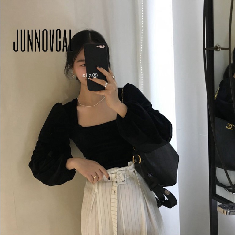 Junnovgal เสื้อแขนยาว คอสี่เหลี่ยม ผ้ากํามะหยี่ สีดํา พลัสไซซ์ สําหรับผู้หญิง 2023