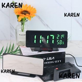 Karen นาฬิกาปลุกดิจิทัล หน้าจอ Led โหมดกลางคืน กระจก นาฬิกาปลุกดิจิทัล USB อิเล็กทรอนิกส์ อุณหภูมิความชื้น เลื่อนปลุกตั้งโต๊ะ นาฬิกาอิเล็กทรอนิกส์ ตกแต่งบ้าน