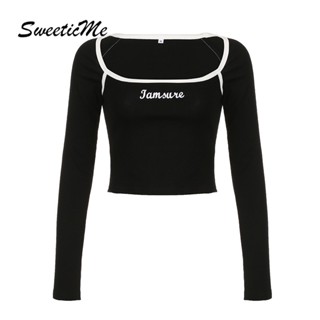 Sweeticme เสื้อครอปแขนยาว คอยู ปักลาย สีตัดกัน แฟชั่นสําหรับผู้หญิง 2023