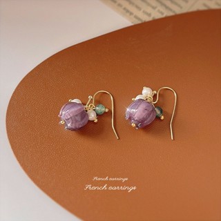 [Purple Flower Story] สไตล์ใหม่ หมอกควัน สีม่วง แก้ว สาว วรรณกรรม ย้อนยุค ต่างหู ตะขอเกี่ยวหู หญิง การออกแบบระดับไฮเอนด์