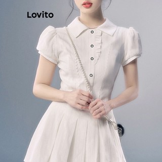 Lovito ชุดเดรส แต่งซิป แต่งจับจีบ แบบเรียบ น่ารัก สําหรับผู้หญิง LNE16133 (สีขาว)