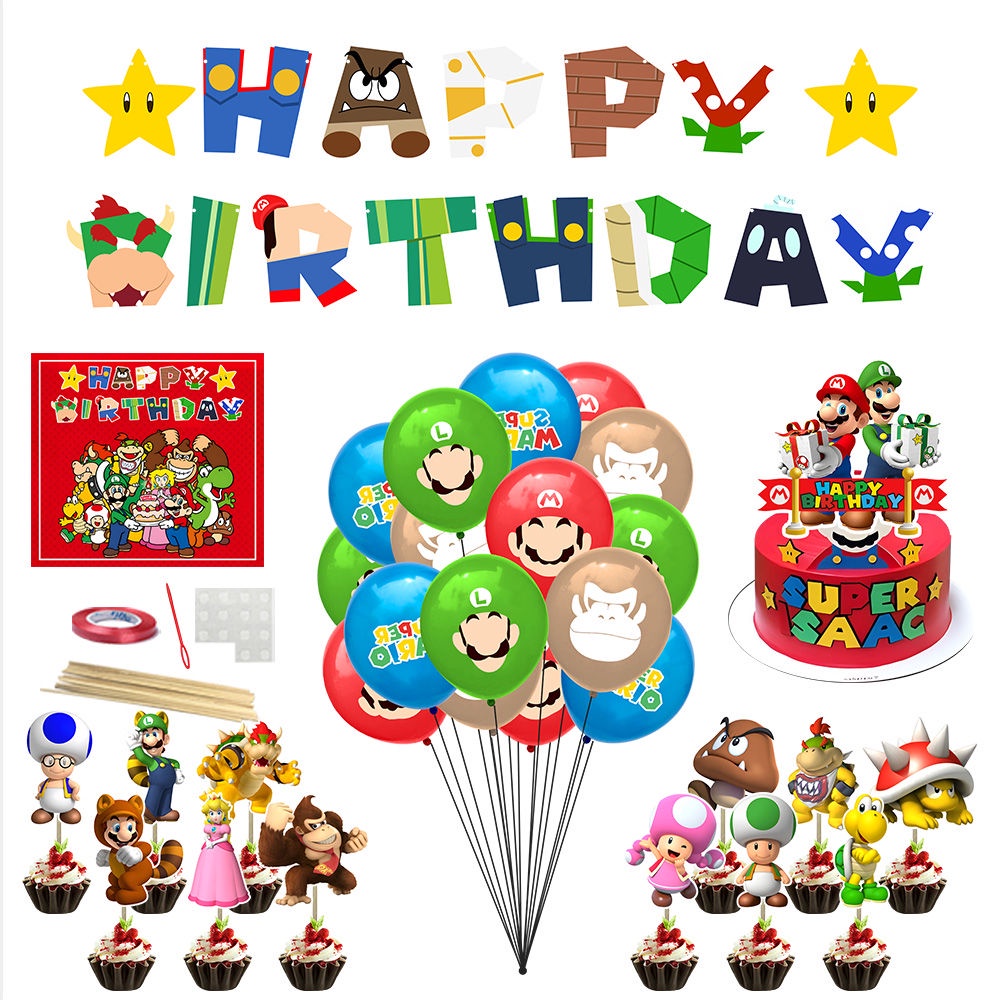 Mario บอลลูน Super Mario Theme Party Mario Mario เด ็ กวันเกิดตกแต ่ ง Arrangement ดึงธงการ ์ ตูนบอลลูนตกแต ่ ง