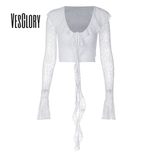 Vesglory เสื้อครอปท็อปแขนยาว คอกลม เข้ารูป สีพื้น แฟชั่นสําหรับผู้หญิง 2023