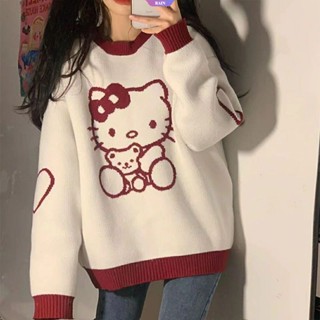 SANRIO เสื้อกันหนาวแขนยาว คอกลม ผ้าถัก ทรงหลวม ลาย Hello Kitty แฟชั่นฤดูใบไม้ผลิ และฤดูใบไม้ร่วง สไตล์เกาหลี สําหรับผู้หญิง [RAIN]