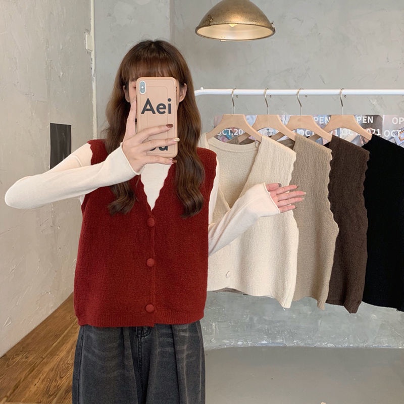 เสื้อกั๊ก คอวี ผ้าถัก ทรงหลวม สีพื้น เข้ากับทุกการแต่งกาย สไตล์ฝรั่งเศส เรโทร สําหรับผู้หญิง