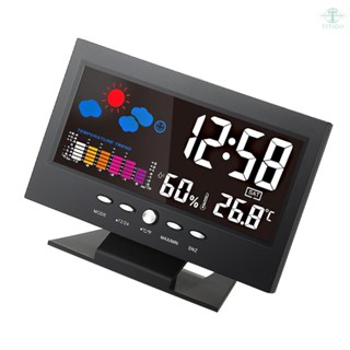 °C/°F Multifunctional Indoor Colorful LCD Digital Temperature Humidity Meter Weather Station Clock Thermometer Hygrometer Calendar Temperature Trend Alarm Comfort Level Weather Forecast Vioce-activated Backlight with USB Cable