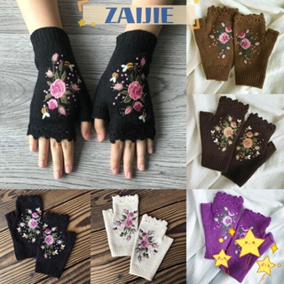 Zaijie24 ถุงมือถัก แบบครึ่งนิ้ว ลายดอกไม้ ผึ้ง ให้ความอบอุ่น สําหรับผู้หญิง