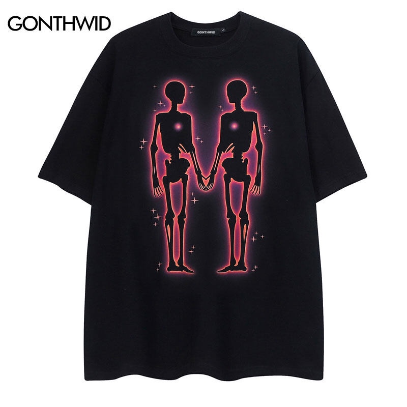ไฟ! Hip Hop Men T Shirt Skull Skeleton Letter พิมพ์ Tshirt Streetwear Hip Hop Punk Gothic เสื้อแฟชั่
