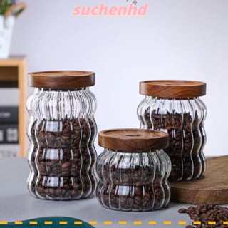 Suchenhd โหลแก้วปิดผนึก ลายขวาง พร้อมฝาปิดไม้ สําหรับใส่ชา กาแฟ น้ําตาล อาหาร