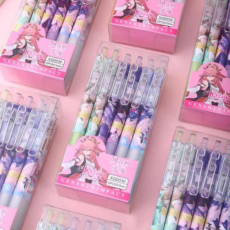 12 ชิ้น/ล็อต Kawaii เกม Roller Ball ปากกาการ์ตูนเครื่องเขียน Raiden Shogun Kamisato Ayaka Ganyu Hu Tao Nahida Yae Miko หมึกสีดําเจลปากกาเด็กเครื่องเขียนของขวัญ - รูปที่ 2