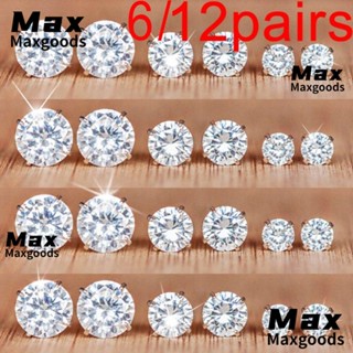 Maxg ชุดต่างหูสตั๊ด ประดับเพทาย ทรงกลม เรียบง่าย 6 คู่ 12 คู่