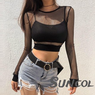 Suncol- เสื้อครอปท็อปแขนยาว คอกลม ผ้าเชียร์ สีพื้น เซ็กซี่ สําหรับผู้หญิง ไปคลับ