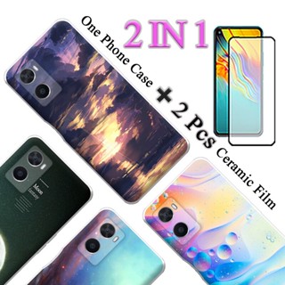 2 IN 1 OPPO A76 4G เคสพิมพ์ลาย นิ่ม พร้อมตัวป้องกันหน้าจอ เซรามิค โค้ง