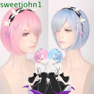 Sweetjohn Rem Ram วิกผมคอสเพลย์ ผมหน้าม้า ผมนุ่ม ไร้รอยต่อ สังเคราะห์ คอสเพลย์ ปาร์ตี้ วิกผม เครื่องแต่งกายคอสเพลย์ ผมหน้าม้าแนวทแยงตรง ผมสีฟ้า