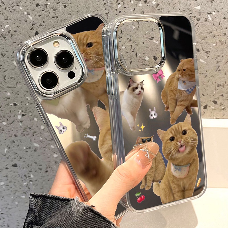 แมวสีส้มยื่นลิ้นออกมา เคสป้องกันโทรศัพท์มือถือ TPU ป้องกันการล่มสลายพร้อมกระจกแต่งหน้า For iPhone 11 14 15 12 13 Pro Max