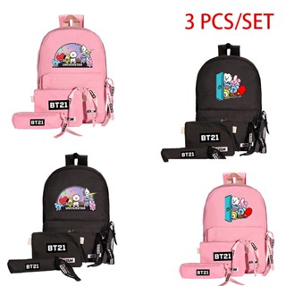 3Pcs Kpop BTS BT21 Bag Backpack Pencil Case Shoulder bag Set School Backpacks Casual Travel Sport Large Capacity Beg Crossbody Bagsผ้าแคนวาส ลายการ์ตูน BTS สไตล์เกาหลี สามชิ้น